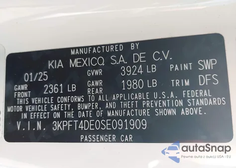 2025 Kia K4 Lxs z USA, uszkodzony, nr VIN 3KPFT4DE0SE091909